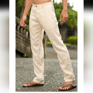 ISLAND IMPORTER 100% linen cozumel pant In Natural Khaki. Size 32
